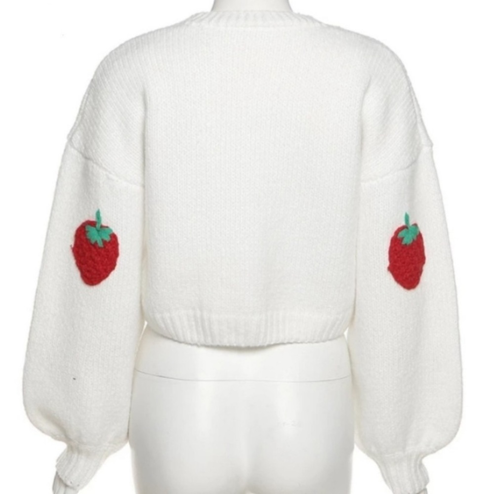 16-trendy y2k red and white Strawberry Sweater  cardigan boho chic fruit print - Picture 8 of 10